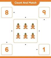 compter et faire correspondre, compter le nombre d'hommes en pain d'épice et faire correspondre les bons chiffres. jeu éducatif pour enfants, feuille de calcul imprimable, illustration vectorielle vecteur