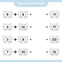 compter et faire correspondre, compter le nombre de rubans et faire correspondre les bons numéros. jeu éducatif pour enfants, feuille de calcul imprimable, illustration vectorielle vecteur