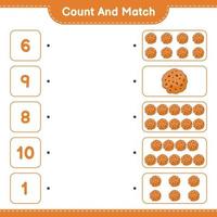 compter et faire correspondre, compter le nombre de cookies et faire correspondre les bons chiffres. jeu éducatif pour enfants, feuille de calcul imprimable, illustration vectorielle vecteur