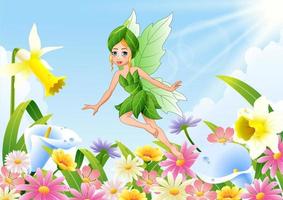 jolie fée volant sur un champ de fleurs vecteur