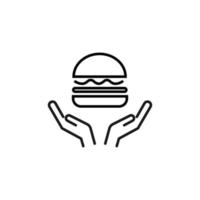 concept de charité et de philanthropie. signe de haute qualité dessiné avec une ligne fine. adapté aux sites Web, magasins, boutiques Internet, bannières, etc. icône de ligne de hamburger sur les mains ouvertes vecteur