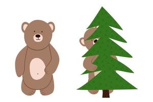 vecteur de deux petits ours drôles. Bear cub se cache derrière l'arbre