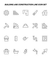 concept de construction et de rénovation. signes vectoriels et traits modifiables. ensemble d'icônes de ligne avec des icônes d'engrenage, de mur de briques, de scie, de maison, de rouleau à peinture, de truelle, de hamster, de tournevis, etc. vecteur