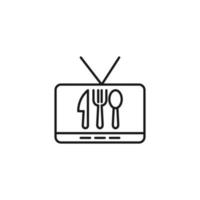 concept de cuisine, de nourriture et de cuisine. collection d'icônes monochromes de contour moderne dans un style plat. icône de la ligne d'une cuillère, d'une fourchette et d'un couteau sur l'écran du téléviseur comme symbole d'une émission culinaire ou d'une émission de cuisine vecteur