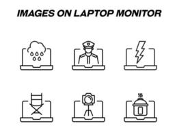 articles sur le pack de moniteur d'ordinateur portable. signes monochromes de vecteur moderne. icône de ligne avec icônes de pluie, pilote, foudre, chaise, appareil photo, multicuiseur sur écran d'ordinateur portable