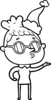 dessin au trait d'une femme portant des lunettes portant un bonnet de noel vecteur