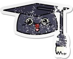 autocollant en détresse d'un chapeau de graduation de dessin animé mignon vecteur