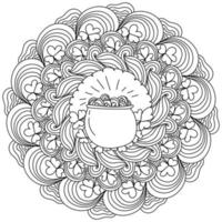 mandala ondulé avec un pot de pièces au centre et des feuilles de trèfle, coloriage antistress page de la saint patrick vecteur