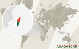 zoom sur la carte et le drapeau de madagascar. carte du monde. vecteur