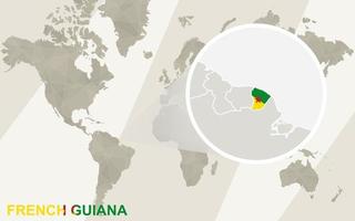 zoom sur la carte et le drapeau de la guyane française. carte du monde. vecteur