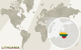 zoom sur la carte et le drapeau de la lituanie. carte du monde. vecteur