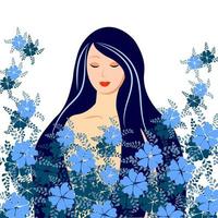 jolie fille en fleurs bleues myosotis. illustration, carte postale, vecteur