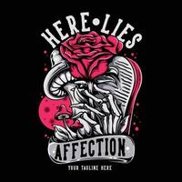 la conception de t-shirt ici réside l'affection avec la main squelette s'élever de la tombe saisissant une fleur rose avec une illustration vintage de fond noir vecteur