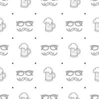 modèle sans couture de doodle de la fête des pères. texture répétitive hipster avec moustache, bière et lunettes. fond de vecteur sans fin noir et blanc