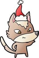 dessin animé dégradé amical d'un loup portant un bonnet de noel vecteur