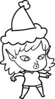 joli dessin au trait d'une fille elfe portant un bonnet de noel vecteur