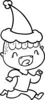 dessin au trait d'un garçon heureux riant et s'enfuyant portant un bonnet de noel vecteur