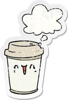 dessin animé prendre du café et une bulle de pensée comme un autocollant usé en détresse vecteur