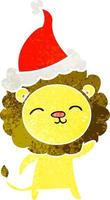 dessin animé rétro d'un lion portant un bonnet de noel vecteur