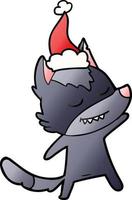 dessin animé dégradé amical d'un loup portant un bonnet de noel vecteur