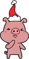 dessin au trait d'un cochon en colère portant un bonnet de noel vecteur