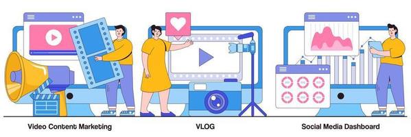 pack illustré de marketing de contenu vidéo, vlog et tableau de bord de médias sociaux vecteur