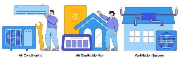 climatisation, moniteur de qualité de l'air, concept de système de ventilation à caractère humain. ensemble d'illustrations vectorielles de technologie de contrôle climatique et météo intérieure. métaphore des appareils de refroidissement et de chauffage vecteur