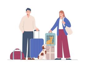 l'homme et la femme partent en voyage avec des animaux domestiques. le concept de voyager avec des animaux de compagnie chat et chien vecteur