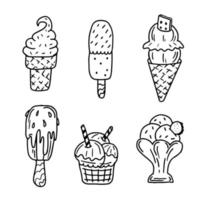 collection dessinée à la main de crème glacée dans un style doodle. illustration vectorielle de style croquis pour le menu du café, carte, décoration de carte d'anniversaire. vecteur