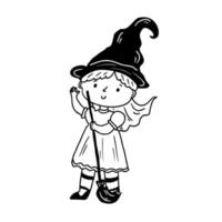 jolie petite sorcière. portrait de personnage de petite sorcière halloween dans le style de contour de dessin animé doodle. illustration vectorielle. vecteur