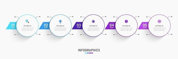 modèle de conception d'étiquettes infographiques vectorielles avec icônes et 5 options ou étapes. peut être utilisé pour le diagramme de processus, les présentations, la mise en page du flux de travail, la bannière, l'organigramme, le graphique d'informations. vecteur