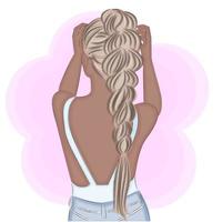 blonde à la mode avec une tresse, vue arrière, illustration vectorielle d'impression à la mode vecteur