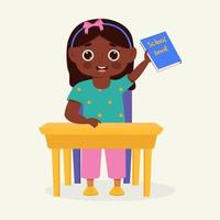 écolier avec des fournitures scolaires assis à un banc d'école. enfant avec sac à dos et livre. personnage de dessin animé coloré. illustration vectorielle plane. vecteur