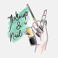 maquillage et ongles, citations manuscrites, la main avec de longs ongles brillants contient du rouge à lèvres et du vernis à ongles vecteur