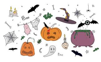 ensemble d'halloween. illustration vectorielle avec toiles d'araignées, poik, citrouille, chaudron de potion, fantômes, chapeau de sorcière, bougies, magie de style doodle. vecteur