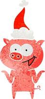 dessin animé rétro d'un cochon sans soucis portant un bonnet de noel vecteur