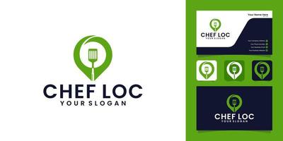 logo de localisation des aliments avec spatule et cartes de points d'épingle création de logo et carte de visite vecteur