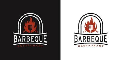 logo design vintage rétro barbecue avec logo spatule et concept de feu en combinaison vecteur