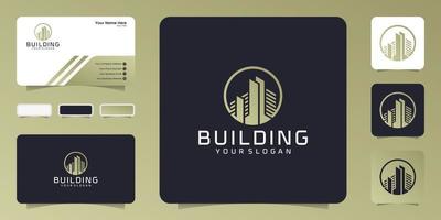 logo de bâtiment moderne avec modèle de conception de cercle et de couleur or et carte de visite vecteur