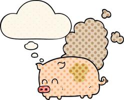 dessin animé cochon malodorant et bulle de pensée dans le style de la bande dessinée vecteur