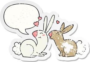 lapins de dessin animé en amour et bulle de dialogue autocollant en détresse vecteur