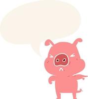 dessin animé cochon en colère pointant et bulle de dialogue dans un style rétro vecteur