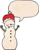 dessin animé noël bonhomme de neige et bulle de dialogue dans un style de texture rétro vecteur