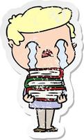 autocollant en détresse d'un homme de dessin animé pleurant sur une pile de livres vecteur