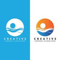 création de logo rivière et soleil, illustration de paysage naturel, vecteur de marque d'entreprise