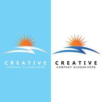 création de logo rivière et soleil, illustration de paysage naturel, vecteur de marque d'entreprise