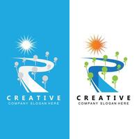 création de logo rivière et soleil, illustration de paysage naturel, vecteur de marque d'entreprise