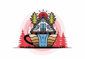 cabane en bois et pins en forme de tasse de café avec illustration de cascade vecteur