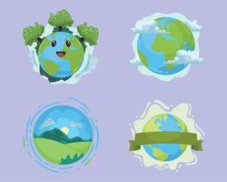 quatre icônes de la planète terre vecteur
