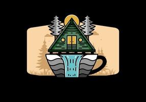 cabane en bois et pins en forme de tasse de café avec illustration de cascade vecteur